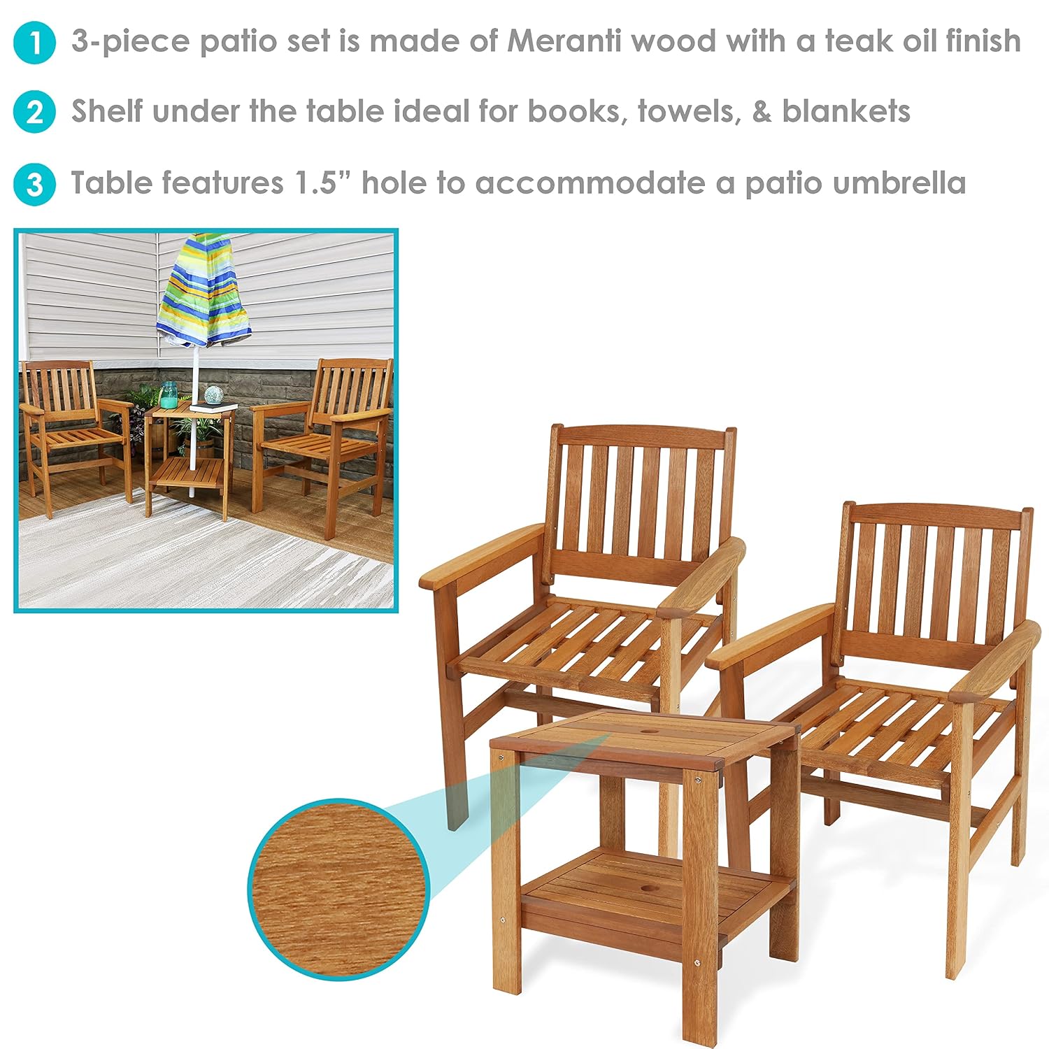 3-Piece Wood Patio Set 2 Chair - Outdoor Furniture Oil Teak review and price